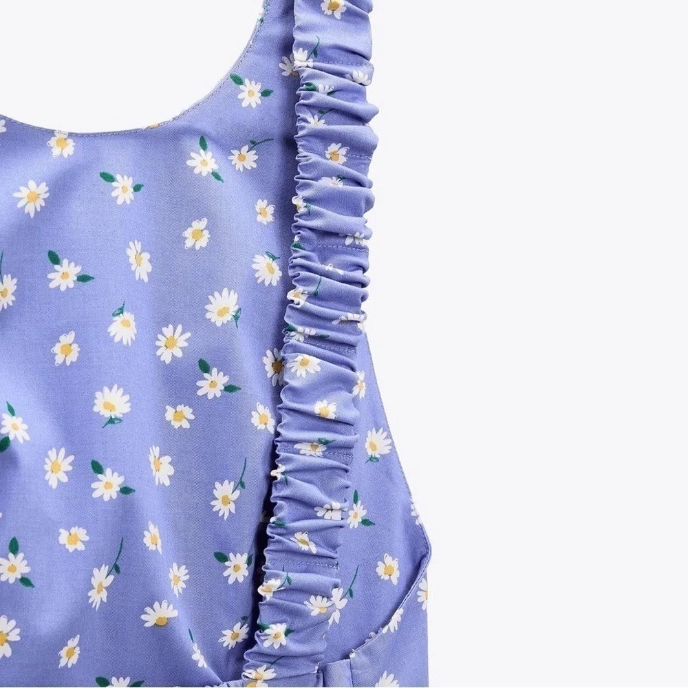 Zara blue Daisy flower floral print open strappy back crop top Sz S NWT - Picture 2 of 10